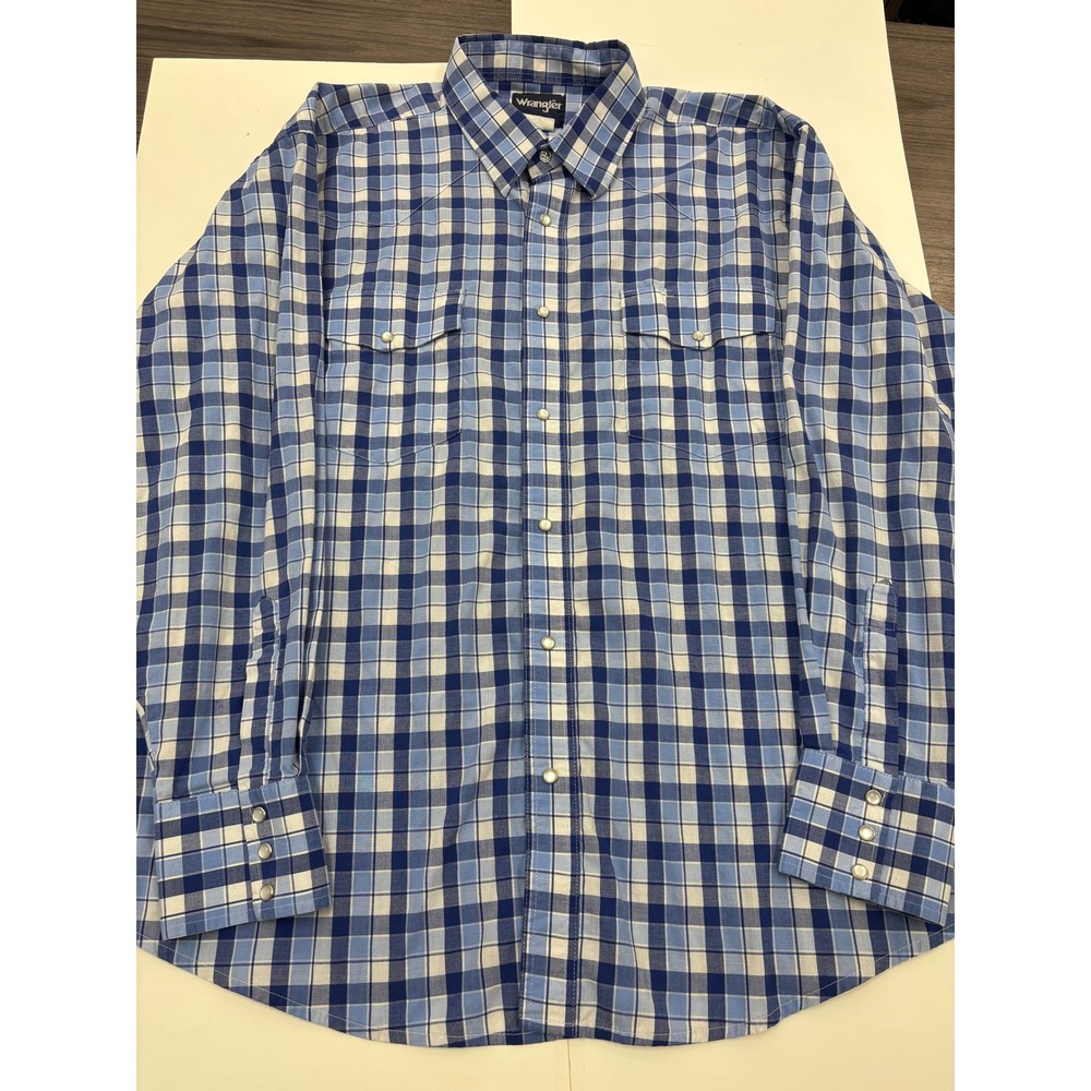 Wrangler Blue Plaid Western Button Up Shirt Men's XL Pearl Snap Long Sleeve‎